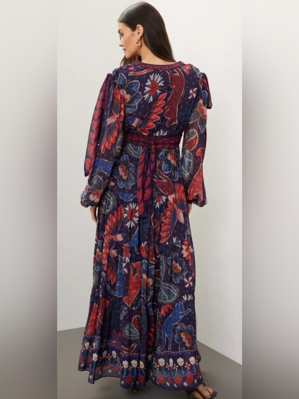 Farm Rio Tropical Shine Maxi Dress Blue & Red Print long Sleeve Boho Size Medium - Picture 2 of 8